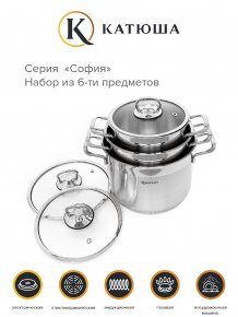 Набор нерж.сталь София 6пр. (кастрюли:1,4/2,1/3,2л), стекл.крышка, КАТЮША, арт.9901-901-0